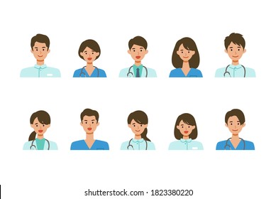 Smiling various healthcare staff in uniform. Different people smiles set. Isolated vector illustration icons set in flat style. 