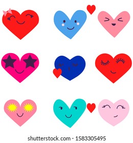Smiling vector hearts. Valentine's Day romantic KAWAII emoji faces. Emoticons Love icon. Print for kids clothes. Printing on postcards, lovely smile, web sighns. Cartoon hearts with faces.