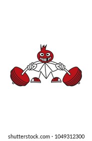Smiling vector stick figure with a read head and sneakers doing heavy squats with olympic barbell and red weight plates