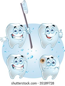 smiling vector teeth - health with tooth brush and crying with caries