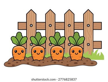 Smiling Vegetable Carrots Growing in Garden Soil with Wooden Fence Background Illustration