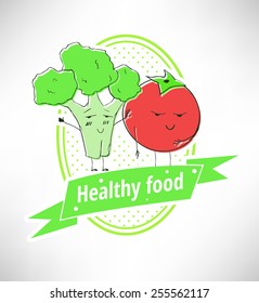 Smiling vegetable characters. Broccoli and tomato.