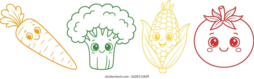 Smiling Vegetables: A cheerful medley of hand-drawn vegetables including a vibrant carrot, a fluffy broccoli, a sweet corn, and a ripe tomato, each with a friendly smile.