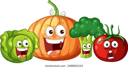 Smiling vegetables with expressive faces and vibrant colors