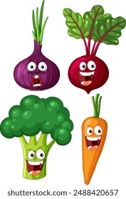 Smiling vegetables with expressive faces and vibrant colors