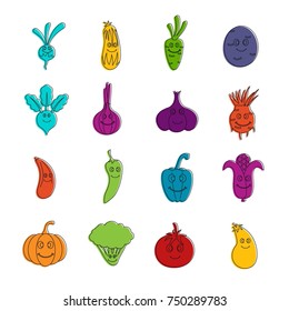 Smiling vegetables icons set. Doodle illustration of vector icons isolated on white background for any web design