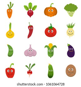 Smiling vegetables icons set. Flat illustration of 16 smiling vegetables vector icons isolated on white background