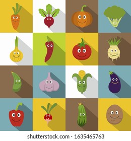 Smiling vegetables icons set. Flat illustration of 16 smiling vegetables vector icons for web