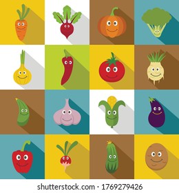 Smiling vegetables icons set. Flat illustration of 16 smiling vegetables vector icons for web