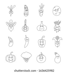 Smiling vegetables icons set. Outline illustration