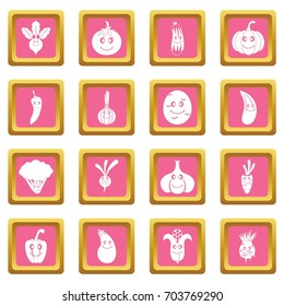Smiling vegetables icons set in pink color isolated vector illustration for web and any design