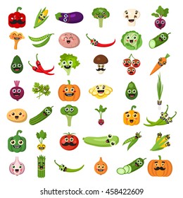 Smiling vegetables set on white background. Cute fresh stickers or decoration for menu, book and more. Healthy lifestyle.