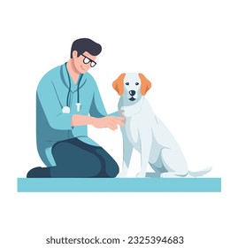 Smiling vet cares for cute puppy patients icon isolated