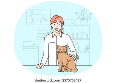 Smiling vet doctor with cat in clinic. Happy female veterinarian caressing pet in hospital. Good quality medical service for pets. Vector illustration.