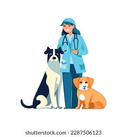 Smiling vet loves with cute puppies icon isolated