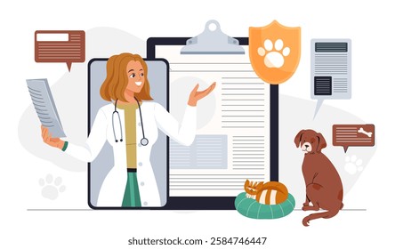 A smiling veterinarian appears on a mobile screen, holding documents, with a clipboard, cat, and dog nearby on a white background. Concept of online pet care