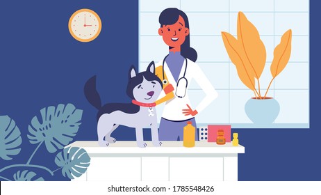 Smiling veterinarian examining cute dog. Veterinary clinic, healthcare for pets. Cartoon colorful vector illustration.