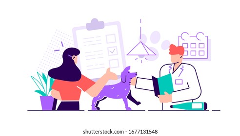 Smiling veterinarian examining dog  Vet doctor curing cute pets. Veterinary clinic, healthcare service or medical center for domestic animals. Flat style cartoon colorful vector illustration