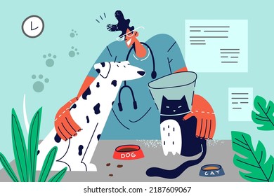 Veterinario sonriente con mascotas en la clínica. Feliz trabajo de veterinaria con perros y gatos en el hospital de animales domésticos. Concepto de salud. Ilustración vectorial. 