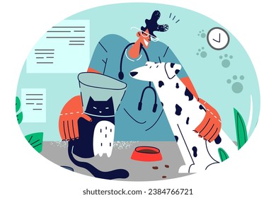 Veterinario sonriente con mascotas en la clínica. Feliz trabajo de veterinaria con perros y gatos en el hospital de animales domésticos. Concepto de salud. Ilustración vectorial.