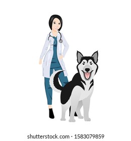 Smiling veterinarian woman next to the dog. The husky breed. The concept of treatment of Pets. Veterinary professional consultation.