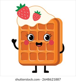 Smiling Viennese waffle topped with whipped cream and strawberries, vector cartoon. Delightful dessert design ideal for bakery concepts and indulgent snack themes.