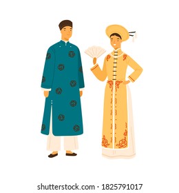 Smiling vietnam couple in national costume vector flat illustration. Asian people in traditional apparel decorated with design elements isolated. Man and woman in headdress, ao dai and trousers