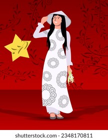 A smiling Vietnamese girl in traditional dress with a bouquet of flowers stands in front of the national flag. Flat design personas. Vector.