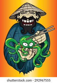 smiling vietnamese guy serving exotic asian octopus soup