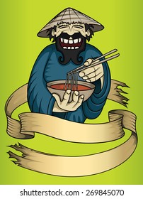 smiling vietnamese guy serving fresh delicious noodle asian soup with blank ribbon background