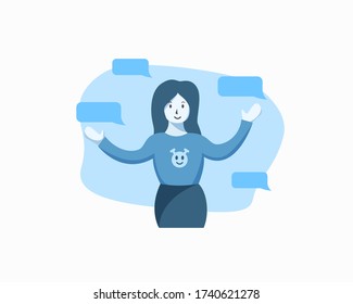 Smiling virtual assistant. Online support. Artificial intelligence helping with bubble messages. Female cartoon character. Friendly technical support. Vector illustration