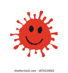 Smiling virus face icon. Smile coronavirus disease symbol. Emoji and emoticon sign. Happy emotion. Influenza epidemic logo. Sars covid-19 pandemic. Isolated on black background. Vector illustration.