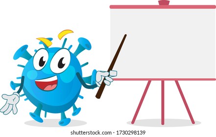 a smiling virus presenting something on white board