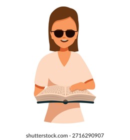 Sonreír a una persona con discapacidad visual leyendo un libro en braille, disfrutando de una conferencia, estudiando o disfrutando de la literatura