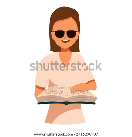 Smiling visually impaired person reading braille book, enjoying lecture, studying, or enjoying literature