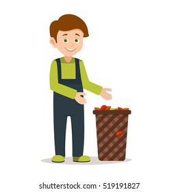 smiling volunteer boy working near the basket for leaves vector illustration on white background.