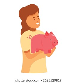 Smiling volunteer holding piggy bank, promoting savings and financial responsibility