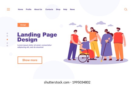 Smiling volunteers helping disabled people isolated flat vector illustration. Cartoon character giving support for handicapped men and women. Volunteering, assistance and disability concept