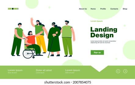 Smiling volunteers helping disabled people isolated flat vector illustration. Cartoon character giving support for handicapped men and women. Volunteering, assistance and disability concept