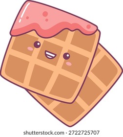 Sonriente carácter de gofre con goteo de jarabe y líneas redondeadas, dos cuadrados apilados con cara y textura de rejilla. Símbolo de dulzura, comodidad, alegría del desayuno, golosina. Ilustración vectorial de dibujos animados.