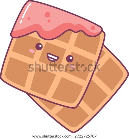 Smiling waffle character with syrup drip and rounded linework, two stacked squares with face and grid texture. Symbol of sweetness, comfort, breakfast joy, snack treat. Cartoon vector illustration.
