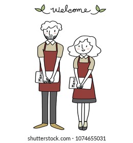 Smiling waiter with beard and cute waitress wore apron holding menu and standing together. Couple with apron holding menu waiting to greeting restaurant patron. Hand-drawn style vector.