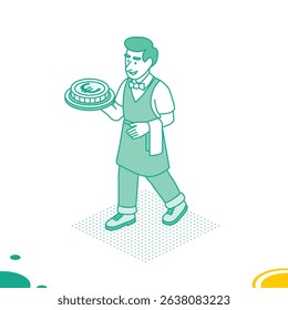 Smiling waiter carrying a tray with a euro coin. Financial metaphor concept. Artwork in green linear style. Vector illustration. Isometric outline style.