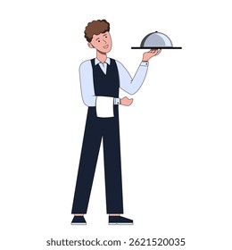 Smiling Waiter Holding Serving Tray – Restaurant Service Illustration