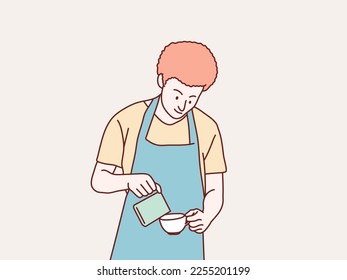 Hombre sonriente sirviendo café para ordeñar una taza de café simple ilustración de estilo coreano