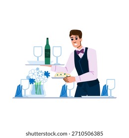 Lächelnder Kellner in Uniform setzt Teller, Gläser und Wein auf einen eleganten Esstisch mit Blumen, der professionelle Gastfreundschaft und feinen Essservice bei einer Veranstaltung vermittelt