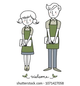 Smiling waiter and waitress wore apron holding menu and standing together. Cute couple with apron holding menu waiting to greeting restaurant patron. Vector illustration with hand-drawn style. 