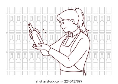 Smiling waitress in apron choosing wine in cellar. Happy female sommelier make choice about drink in restaurant. Vector illustration. 