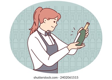 La camarera sonriente en delantal eligiendo vino en bodega. Las sumilleres son felices y pueden elegir entre tomar algo en el restaurante. Ilustración vectorial.