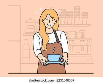 Smiling waitress in apron offer warm coffee in cafe. Happy woman barista holding hot cappuccino in cup for client in coffeshop. Good service. Vector illustration. 